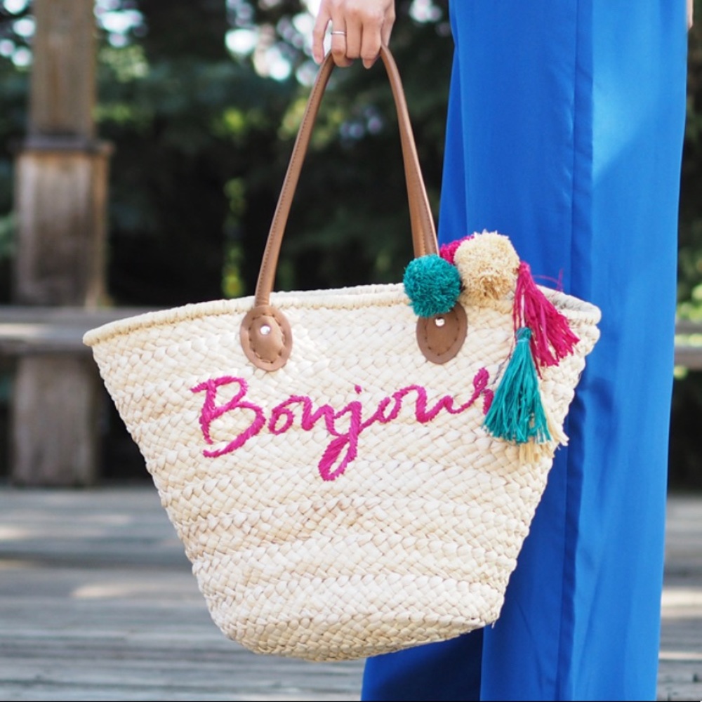 STRAW HEMP TOTE BAG BASKET BONJOUR CURSIVE